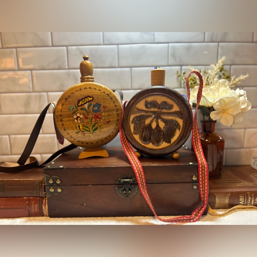 Vintage Carved Wooden Water Canteen Set of 2